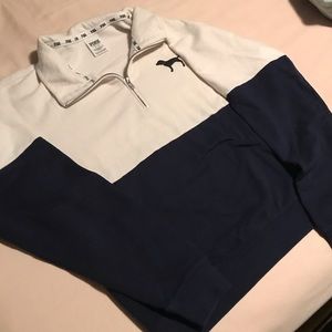 PINK quarter zip jacket, navy and off white